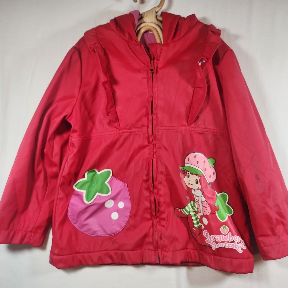 Strawberry Shortcake Girls Red Hooded Rain Jacket Fleece Lined Size 5